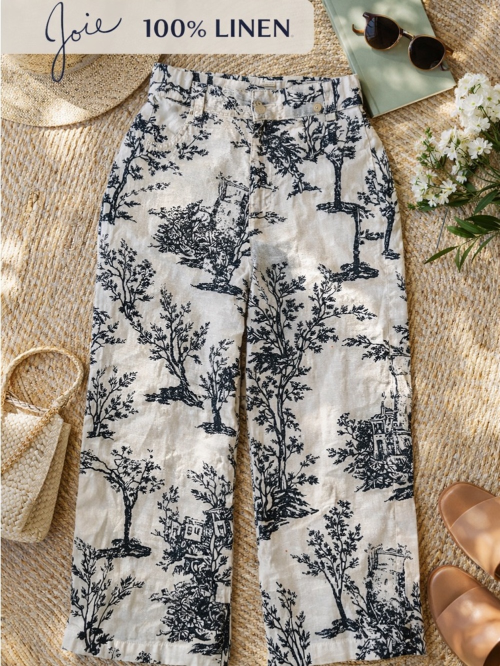Joie 100% Linen Toile Print Pants High Rise Crop Wide Leg Resort Coastal